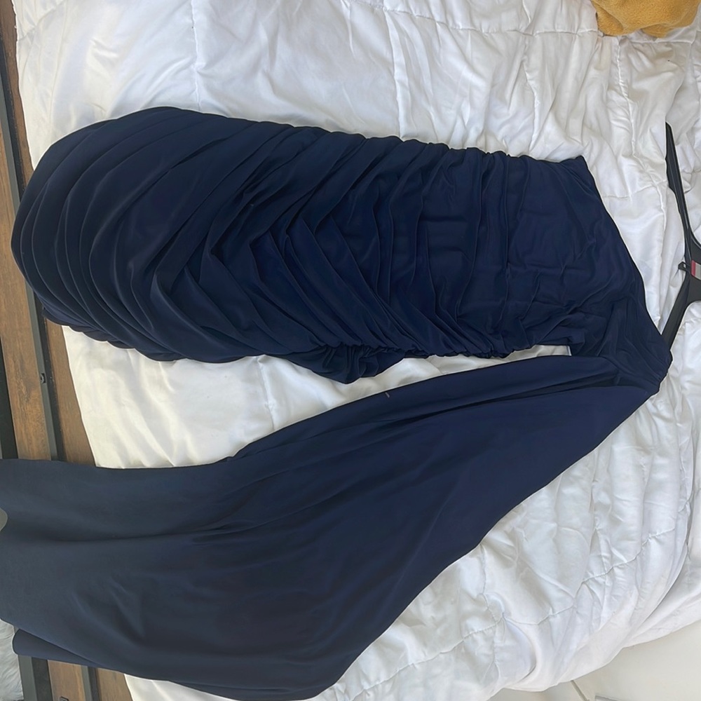 Off shoulder bodycon with long drape, navy dress